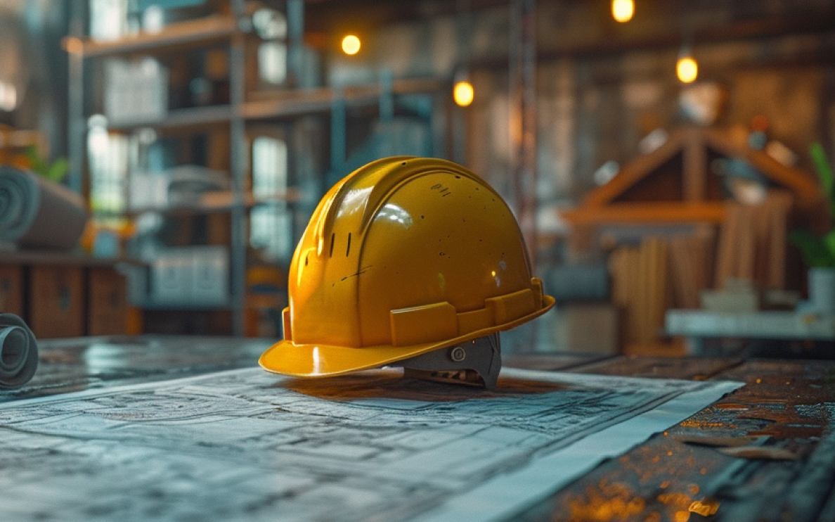 A construction helmet on a table of blueprints